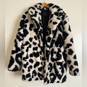 DUNDAS Black & White Leopard-Print Faux Fur Teddy Jacket Coat XS